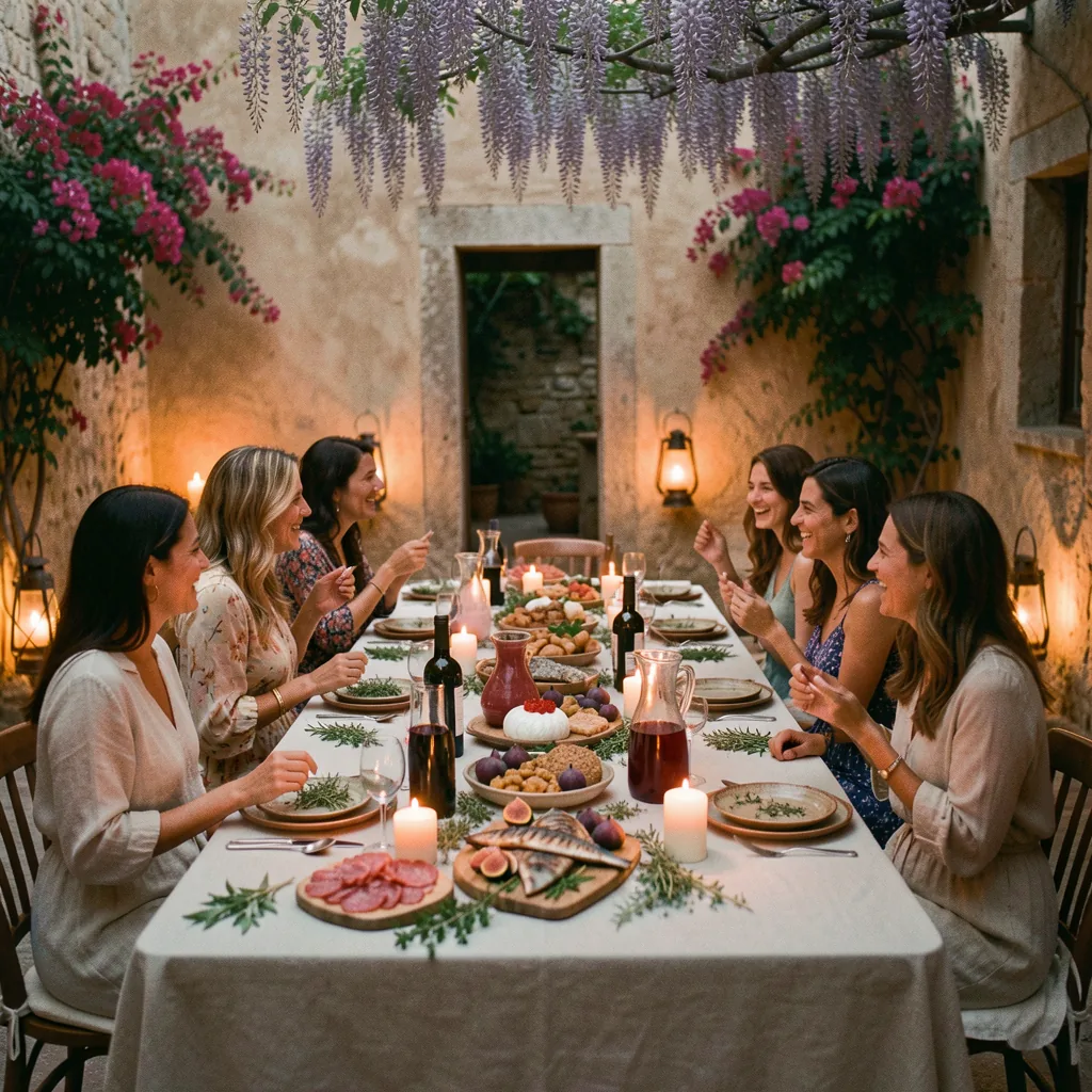 Women gathered around a candlelit dinner table under wisteria in a Calabrian courtyard